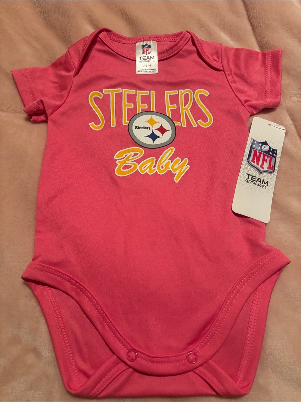 NFL Steelers Pink Baby Bodysuit with Yellow Logo